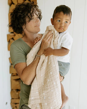 Little Unicorn Cotton Muslin Baby Quilt (30"x40") / Taupe Cross