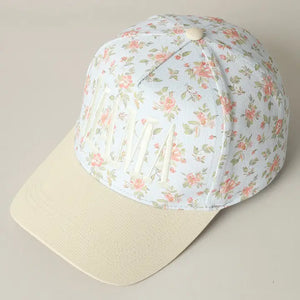 Mama Embroidered Flower Trucker Hat / Blue/Beige