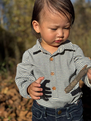 Me & Henry Ripley Polo Onesie / China & Cream Ribbed Stripe