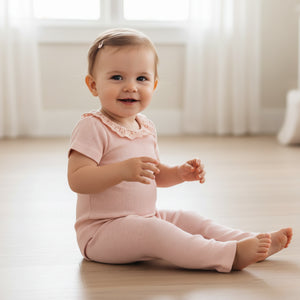 Organic Lace Collar Onesie & Tights Set / Blush