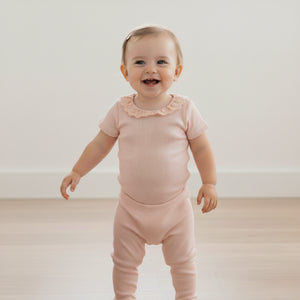 Organic Lace Collar Onesie & Tights Set / Blush