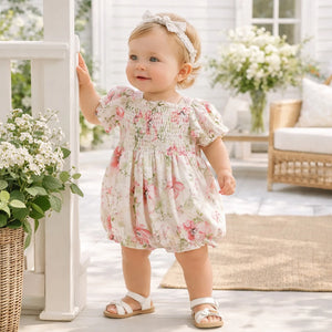 Blush Bouquet Smocked Bodice Puff Sleeve Bubble Romper