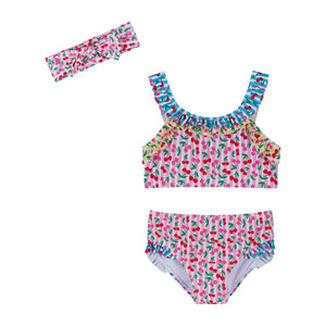 Cherry Stripe Ruffle Bikini w/ Headband