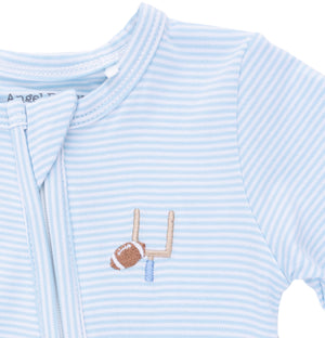 Football Blue Micro Stripe 2 Way Zipper Footie