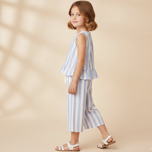 Organic Ruffle Top & Pant Set / Blue Stripe