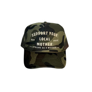 Camouflage cap with text 'Support Your Local Mother Strong as a Mother' on a white background