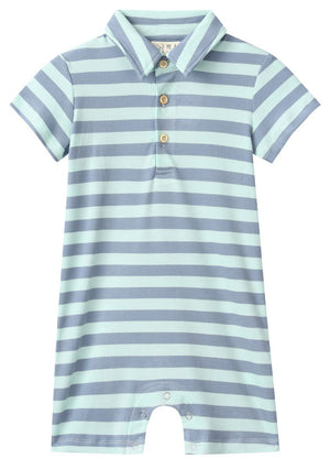 Me & Henry Drift Polo Romper / Chambray Blue Stripe