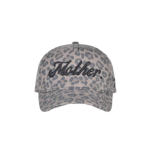 Leopard print cap with 'Mother' text on a white background