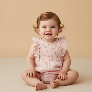 Organic Embroidered Ruffle Romper / Blush