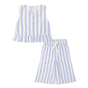 Organic Ruffle Top & Pant Set / Blue Stripe