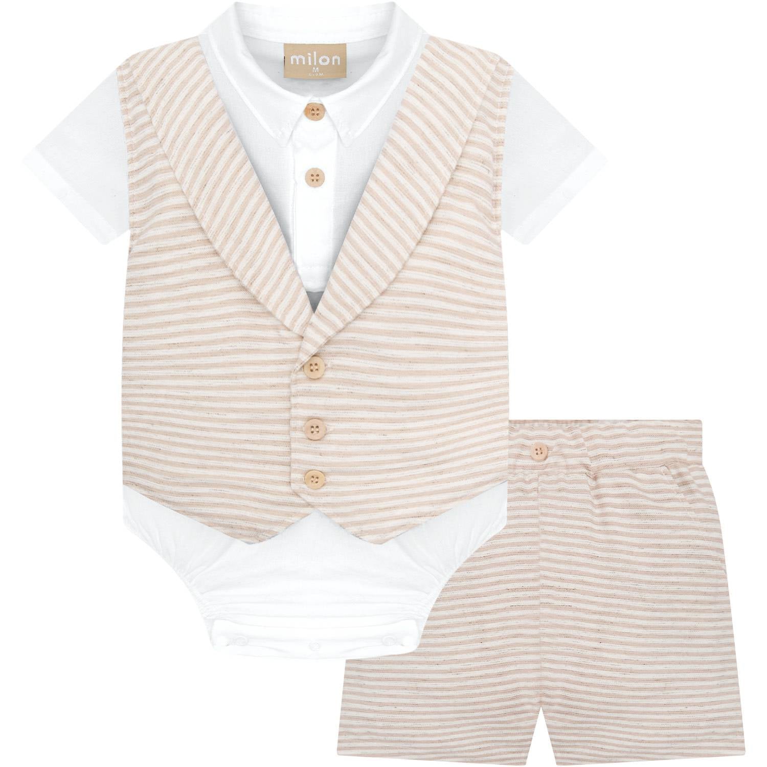 Tan Striped Button Down Shirt, Vest & Shorts Set