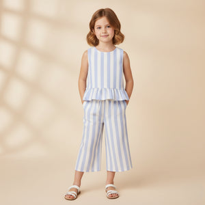 Organic Ruffle Top & Pant Set / Blue Stripe