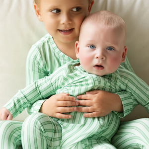 Convertible Zip Sleep Romper / Green Ticking Stripe