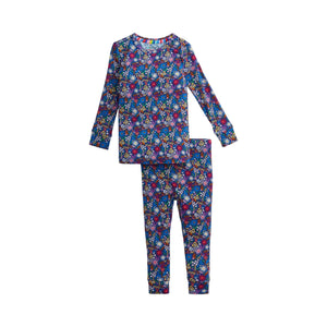 A two-piece children's pajama set featuring a long-sleeve top and matching pants, both covered in a dense, colorful floral and abstract pattern on a navy blue background.