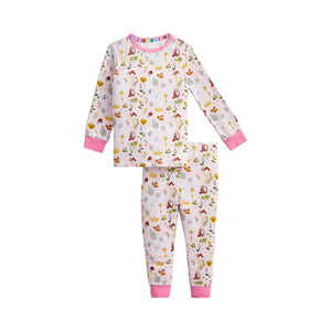 A two-piece children's pajama set featuring a long-sleeve top and matching pants in a white base with a colorful cartoon animal print, finished with pink ribbed cuffs and collar.
