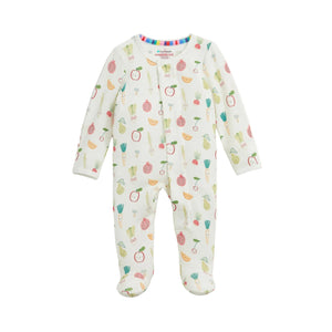 Baby footie with magnetic closure with fruit pattern on a white background