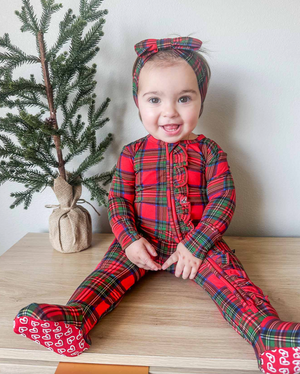 Lev Baby Ruffled Zip Footie / Christmas Plaid