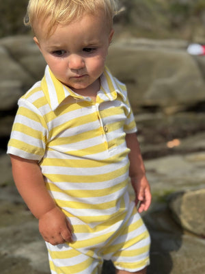 Me & Henry Drift Polo Romper / Lemon Stripe