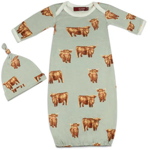 Milkbarn Bamboo Gown & Hat Set / 0-3 Months - Highland Cow