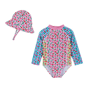 Cherry Stripe Rashguard Swimsuit w/ Hat