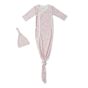 Organic Kimono Knotted Sleep Gown & Hat Set / Peony
