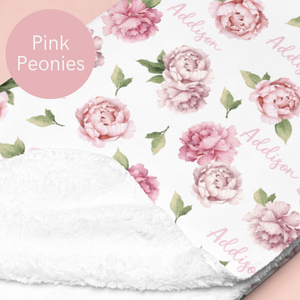 Sherpa-Lined Personalized Blanket | Peonies