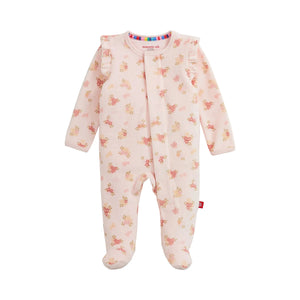 Baby footie with floral pattern on a white background