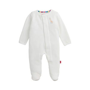 A white long-sleeve baby footed sleeper with a small embroidered giraffe on the chest, shown against a light off-white background.