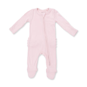 Solid Veiled Pink Rib 2 Way Ruffle Back Zipper Footie
