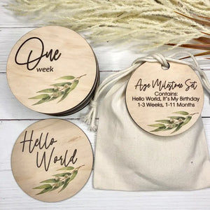 Wooden Milestone Disc 16 Piece Set / Round - Eucalyptus Leaves