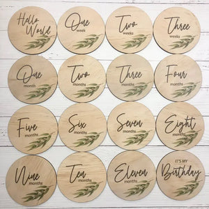 Wooden Milestone Disc 16 Piece Set / Round - Eucalyptus Leaves