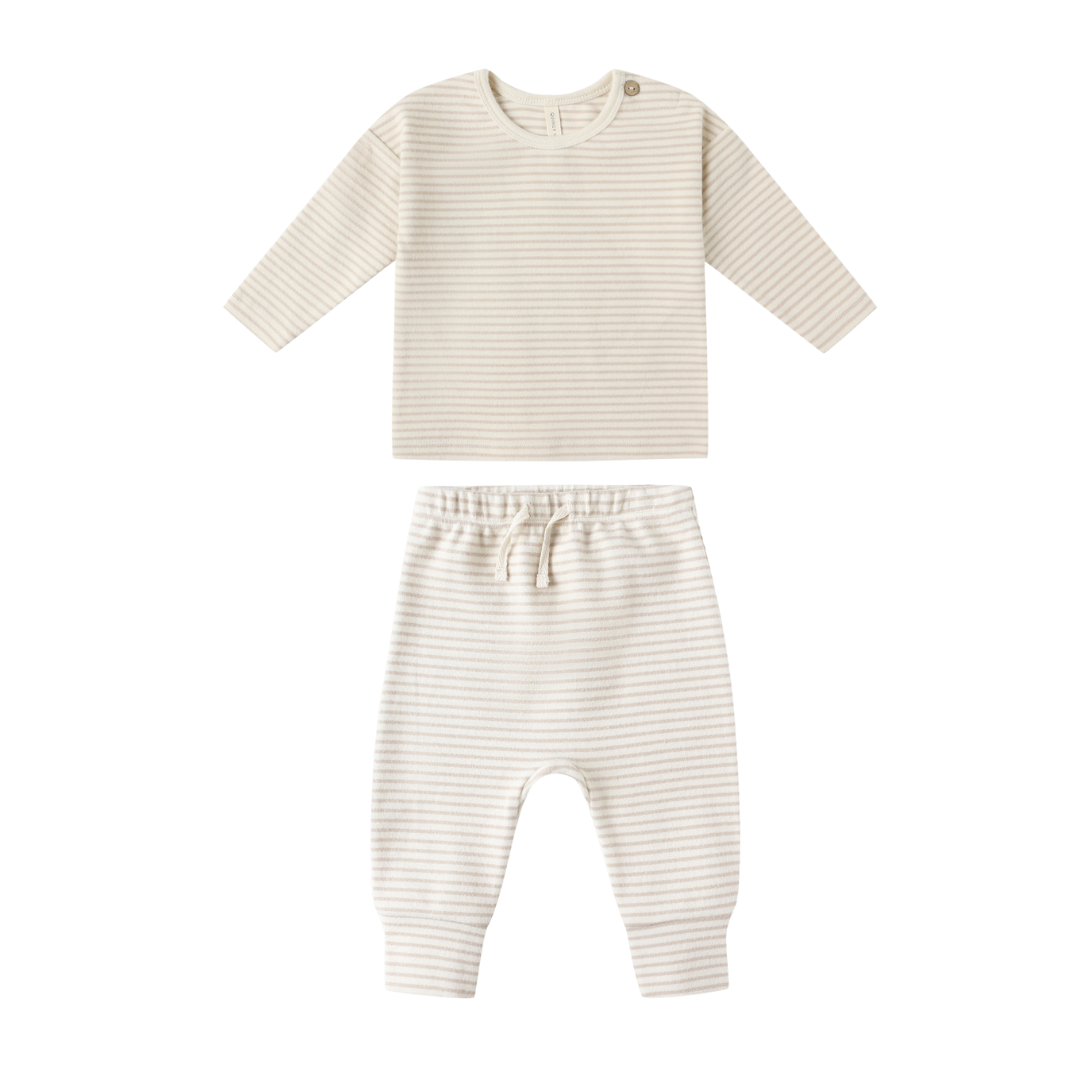 Quincy Mae Tee & Drawstring Pant Set / Oat Micro Stripe