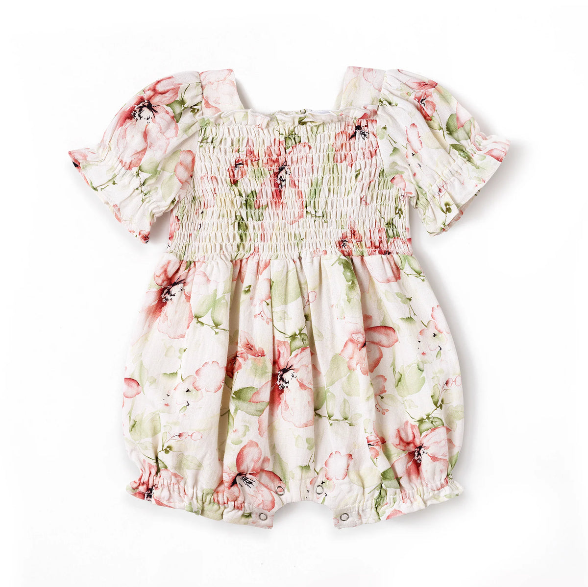 Blush Bouquet Smocked Bodice Puff Sleeve Bubble Romper