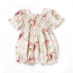 Blush Bouquet Smocked Bodice Puff Sleeve Bubble Romper