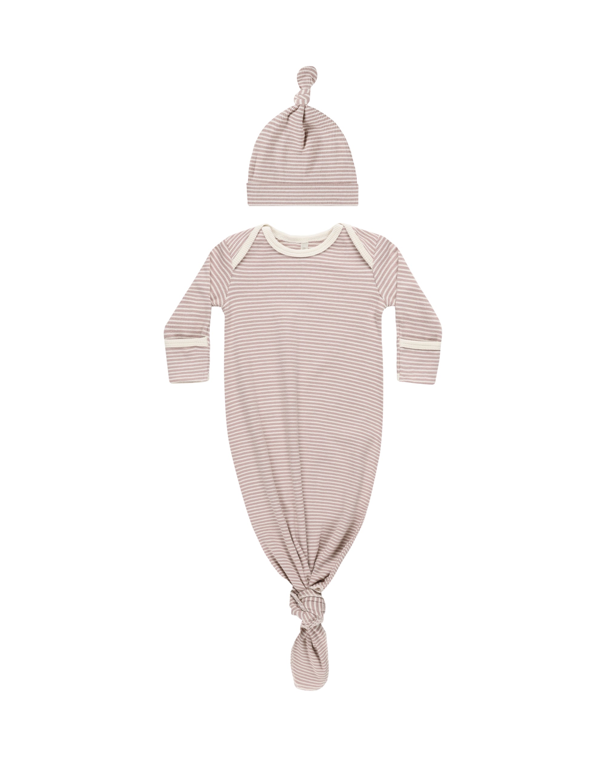 Quincy Mae Knotted Baby Gown & Hat Set / Mauve Stripe