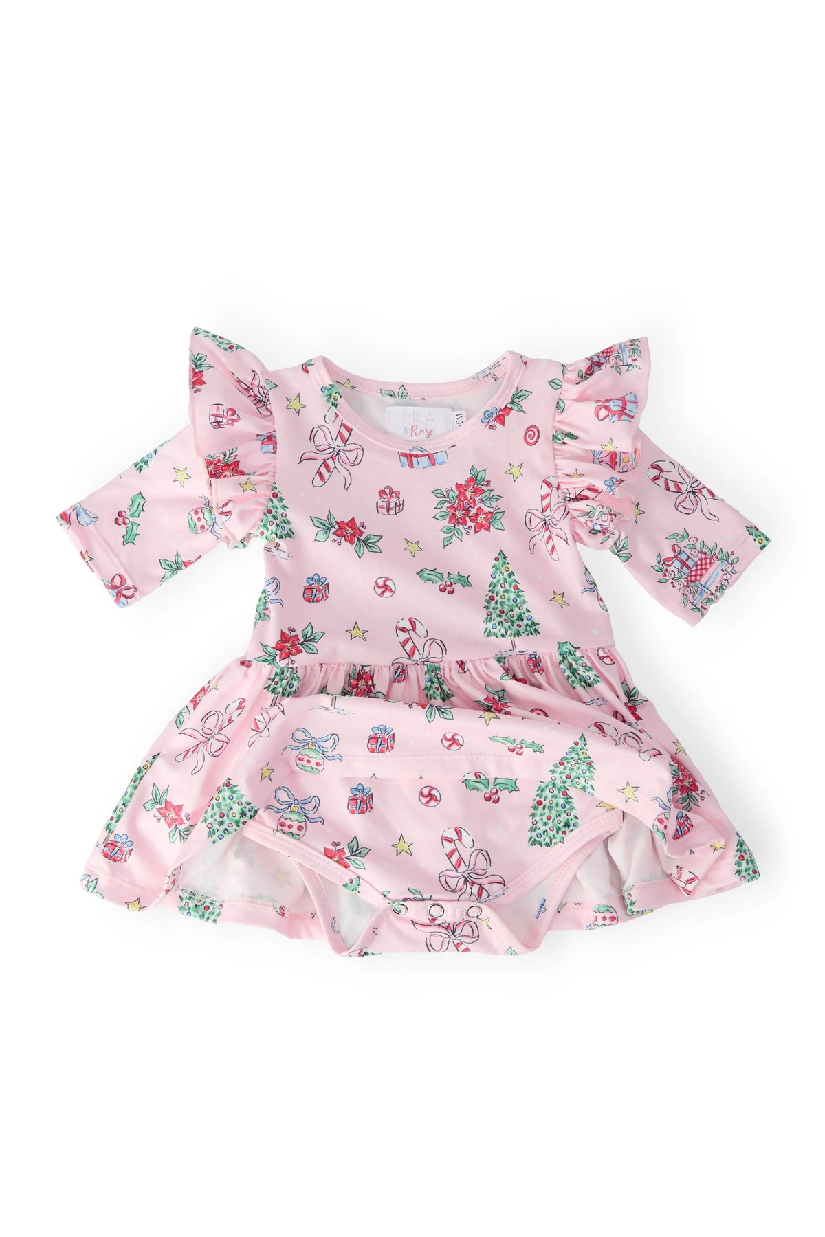 Pink Christmas Flutter Bodysuit Twirl Dress
