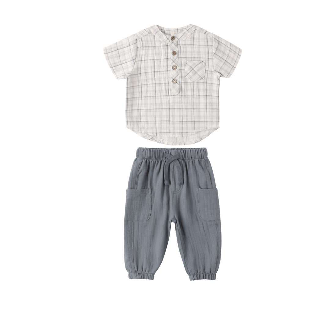 Quincy Mae Jaxon Blue Plaid Shirt + Ocean Pant Set