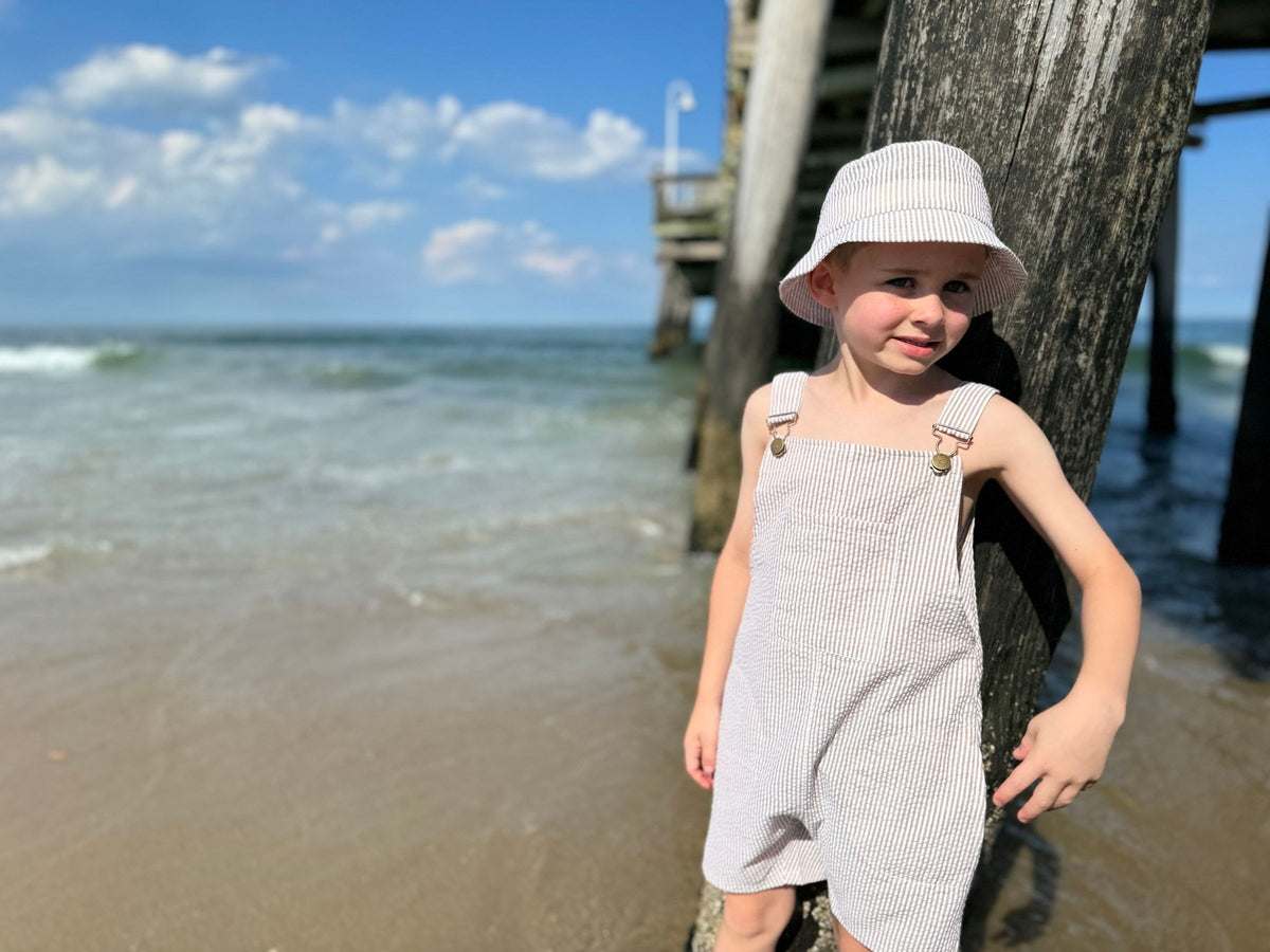 Me & Henry Galleon Woven Buckle Overalls / Tan Seersucker Stripe