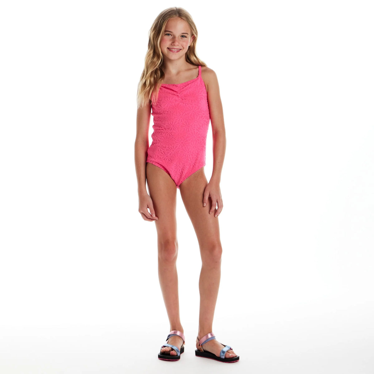 Tween Pink Daisy Terry One-Piece Swimsuit