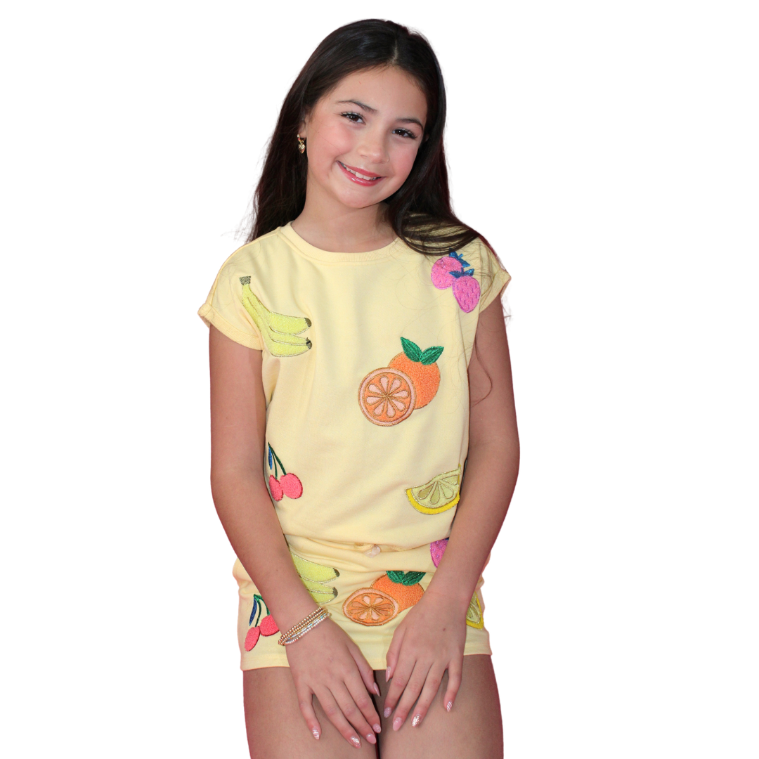 Chenille Embroidered Fruits Top + Skort Set