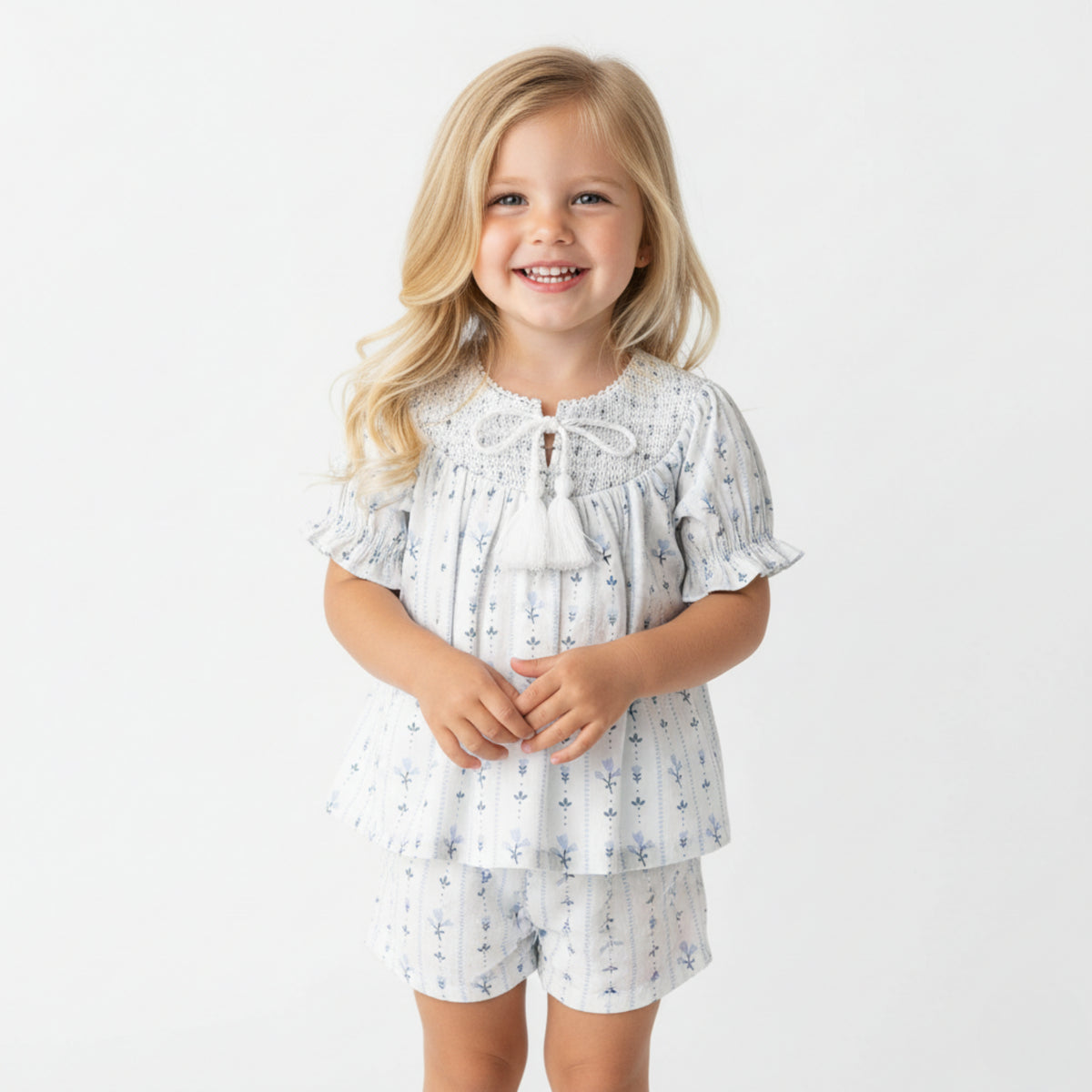 Organic Smocked Top & Shorts Set / Blue Vines