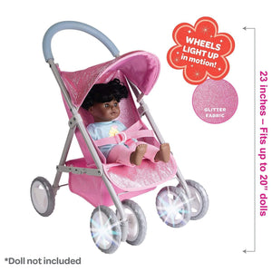 Pink Glam Glittery Baby Doll Stroller with Light-Up Wheels