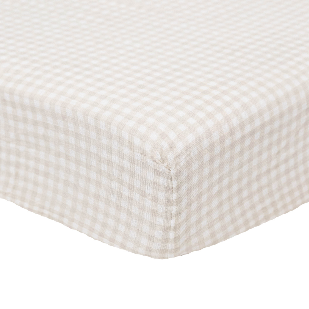 Little Unicorn Cotton Muslin Crib Sheet / Tan Gingham