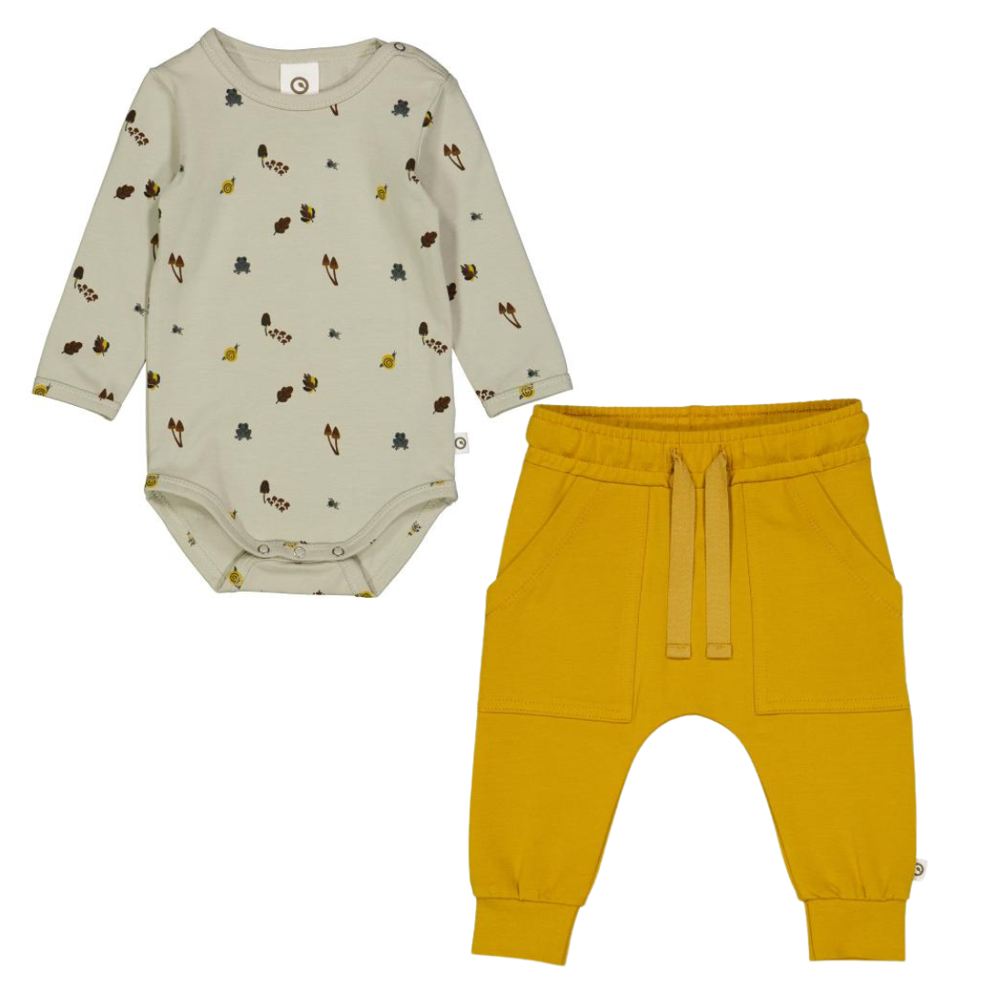 Muesli Forest Print Bodysuit + Mustard Cozy Me Pants Set