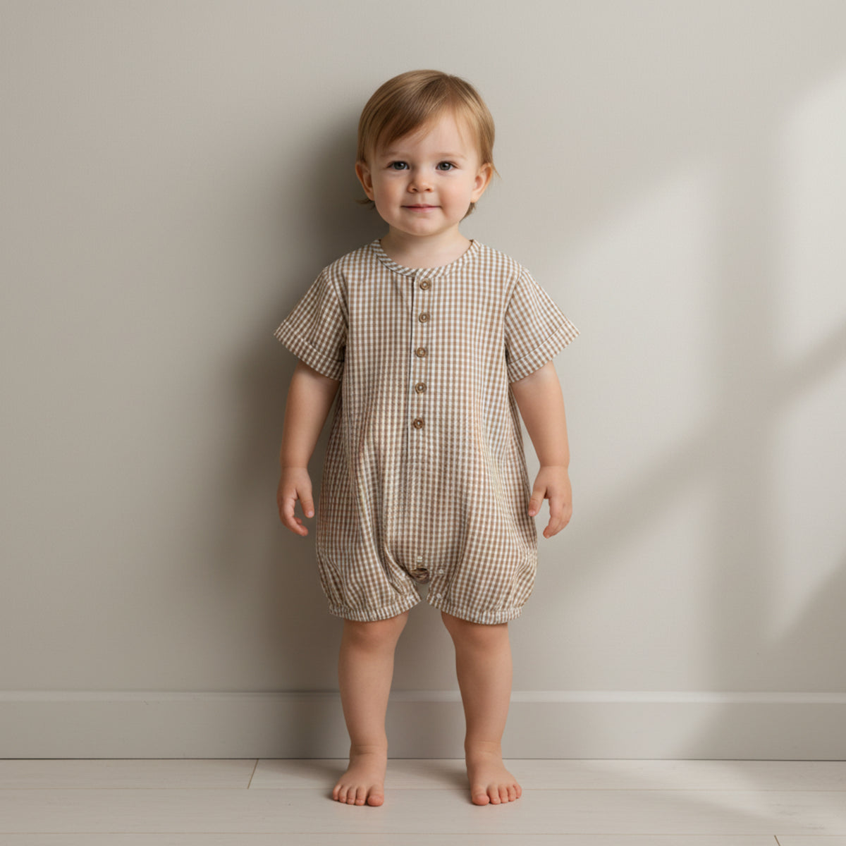 Organic Short Bubble Romper / Caramel Check