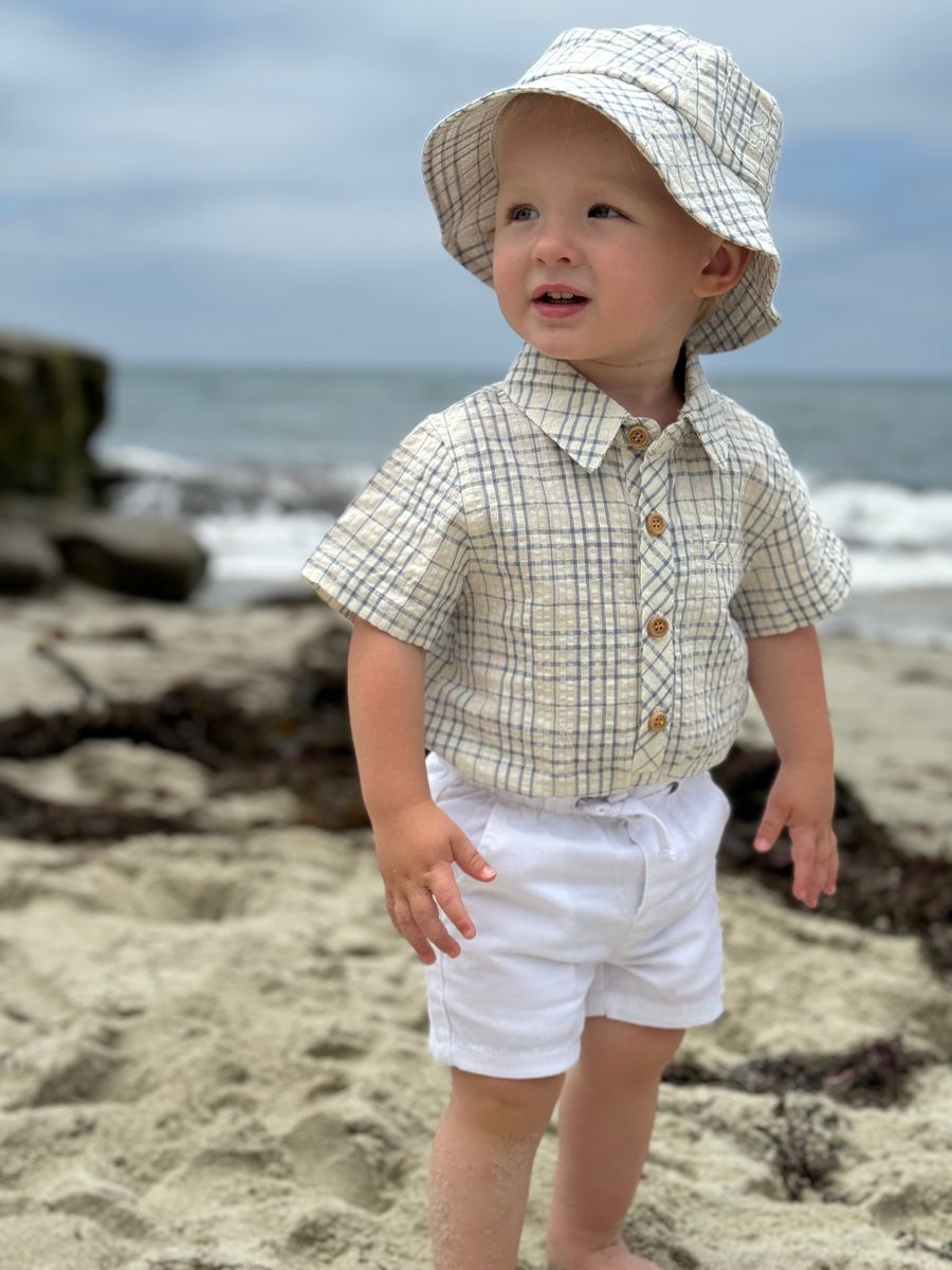 Me & Henry Helford Woven Onesie / Chambray Cream Plaid