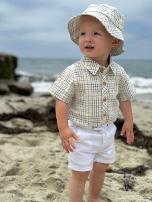 Me & Henry Helford Woven Onesie / Chambray Cream Plaid