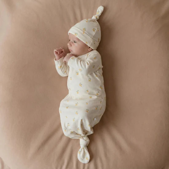 Organic Kimono Knotted Sleep Gown & Hat Set / Lemons