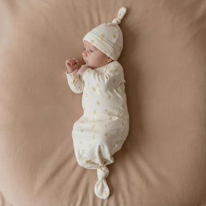 Organic Kimono Knotted Sleep Gown & Hat Set / Lemons