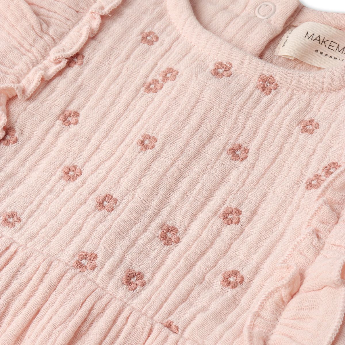 Organic Embroidered Ruffle Romper / Blush